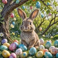 Rabbit Under An Easter Egg Tree Royalty Free Stock Photo