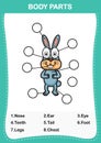 Rabbit vocabulary part of body,Write the correct numbers of body parts Royalty Free Stock Photo