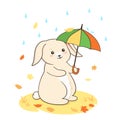 Rabbit walking under umbrella autumn rainy postcard bunny standing rainy weather day concept vector Royalty Free Stock Photo