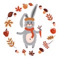 Rabbit in a warm hat with a scarf and a carrot. Autumn character. Animal, yellowed leaves of maple, oak, birch, apples, rowan