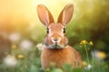Rabbit in a warm and sunny summer meadow landscape with colorful flowers Royalty Free Stock Photo