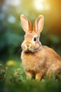 Rabbit in a warm and sunny summer meadow landscape with colorful flowers Royalty Free Stock Photo
