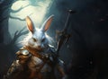 Rabbit warrior with a sword on a dark moon