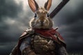 Rabbit Wearing Armor Ready for War with Overcast and Storm Clouds Background
