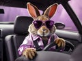 Rabbit wearing a purple jacket and sunglasses driving a car, cool animal, funny rabbit background, generative ai