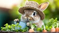 A rabbit wearing a straw hat holding a cup of water, AI Royalty Free Stock Photo