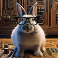 A rabbit wearing a tiny pair of glasses, inspecting a circuit board with a magnifying glass5