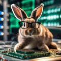 A rabbit wearing a tiny pair of glasses, inspecting a circuit board with a magnifying glass4