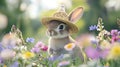 A rabbit wearing a tiny straw hat, surrounded by summer wildflowers Royalty Free Stock Photo
