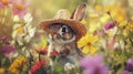 A rabbit wearing a tiny straw hat, surrounded by summer wildflowers Royalty Free Stock Photo