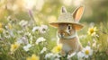 A rabbit wearing a tiny straw hat, surrounded by summer wildflowers Royalty Free Stock Photo