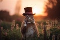 a rabbit wearing a top hat and holding a cane in a field of flowers at sunset with the sun behind it and a person holding a cane Royalty Free Stock Photo