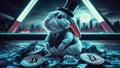 A rabbit wearing a top hat and sitting on piles of money, AI Royalty Free Stock Photo