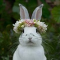 Rabbit wears flower wreath exuding charm and loveliness