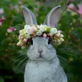 Rabbit wears flower wreath exuding charm and loveliness