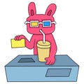 The rabbit wears glasses to watch a movie in the cinema, doodle icon image kawaii