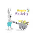 Rabbit, wheelbarrow, blooming flowers. Bunny, barrow. Happy Birthday card. Flat, cartoon, isolated