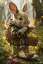 A rabbit with whiskers holds a basket of berries in a forest biome
