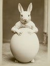 A rabbit with a white coat and hat sitting on top of an egg, AI Royalty Free Stock Photo