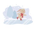 Rabbit. Winter illustration with the image of a cute rabbit skating. Rabbit on ice. Children s Christmas illustration