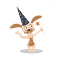 Rabbit wizard with hat and magic wand. Cute Cartoon Rabbit.