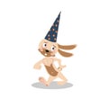 Rabbit wizard in a hat with stars. A cute cartoon rabbit is walking forward.
