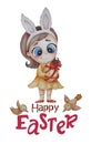 Rabbit woman. Cute girl - Easter bunny with bunny ears on her head. She is holding a large Easter egg. Vertical banner with the