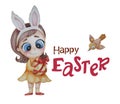 Rabbit woman. Cute little girl - Easter bunny with bunny ears on her head. She is holding a large Easter egg. Horizontal poster