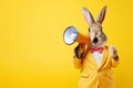 Rabbit in yellow suit with megaphone having surprised expression. Shocked Easter bunny holding loudspeaker