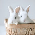 Rabbits in a basket on a white background, close-up, adorable easter bunny wallpaper, generative ai Royalty Free Stock Photo