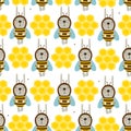 Rabbits - bees, honeycombs, colorful seamless pattern. Decorative cute background with animals