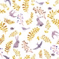 Rabbits, birds, ladybugs, autumn leaves. Repeating cute ditsy pattern. Watercolor Royalty Free Stock Photo