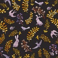 Rabbits, birds, ladybugs, autumn leaves. Repeating cute ditsy pattern. Watercolor