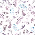 Rabbits, birds, ladybugs in flowers in meadow. Repeating cute ditsy pattern. Watercolor