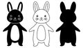 Rabbits black silhouette glyph line outline set