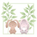 Rabbits with branchs and leaves isolated icon