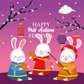 Rabbits cartoons in traditional cloth with mooncakes and lanterns vector design