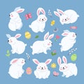 Rabbits characters. Smart bunny and easter eggs, spring rabbit set. Cartoon scandinavian animal diverse pose. White