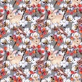 Rabbits, cotton plant branches, red berries. Winter repeating pattern. Watercolor