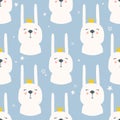 Rabbits with crowns, stars, colorful cute seamless pattern