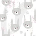 Rabbits, decorative cute background. Colorful seamless pattern with muzzles of animals