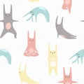 rabbits doing yoga poses. Seamless pattern in .