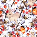 Rabbits, finch birds, cotton plant branches, red berries. Winter seamless background. Watercolor pattern Royalty Free Stock Photo