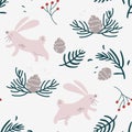 Rabbits, fir branches and cones seamless pattern. Winter forest background. Beautiful Christmas seamless, repeated pattern. Royalty Free Stock Photo