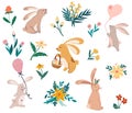 Rabbits and flowers. Happy Easter. Cute bunnies and wild flowers. Royalty Free Stock Photo