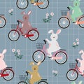 Rabbits the gang on colorful bicycle seamless pattern for kid product,fashion,fabric,textile,print or wallpaper