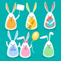 Rabbits Group Hold Banner, Colorful Eggs, Balloon, Carrot Happy Easter Holiday Set Collection Royalty Free Stock Photo