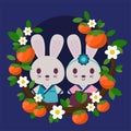 Rabbits in Hanbok Framed by Persimmons and Flowers