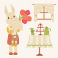 Baby bunny giving flowers to its mother. Mother`s day greeting card template. Royalty Free Stock Photo