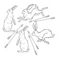 Rabbits or hares magic animals set hand drawn line art gothic tattoo design isolated vector illustration